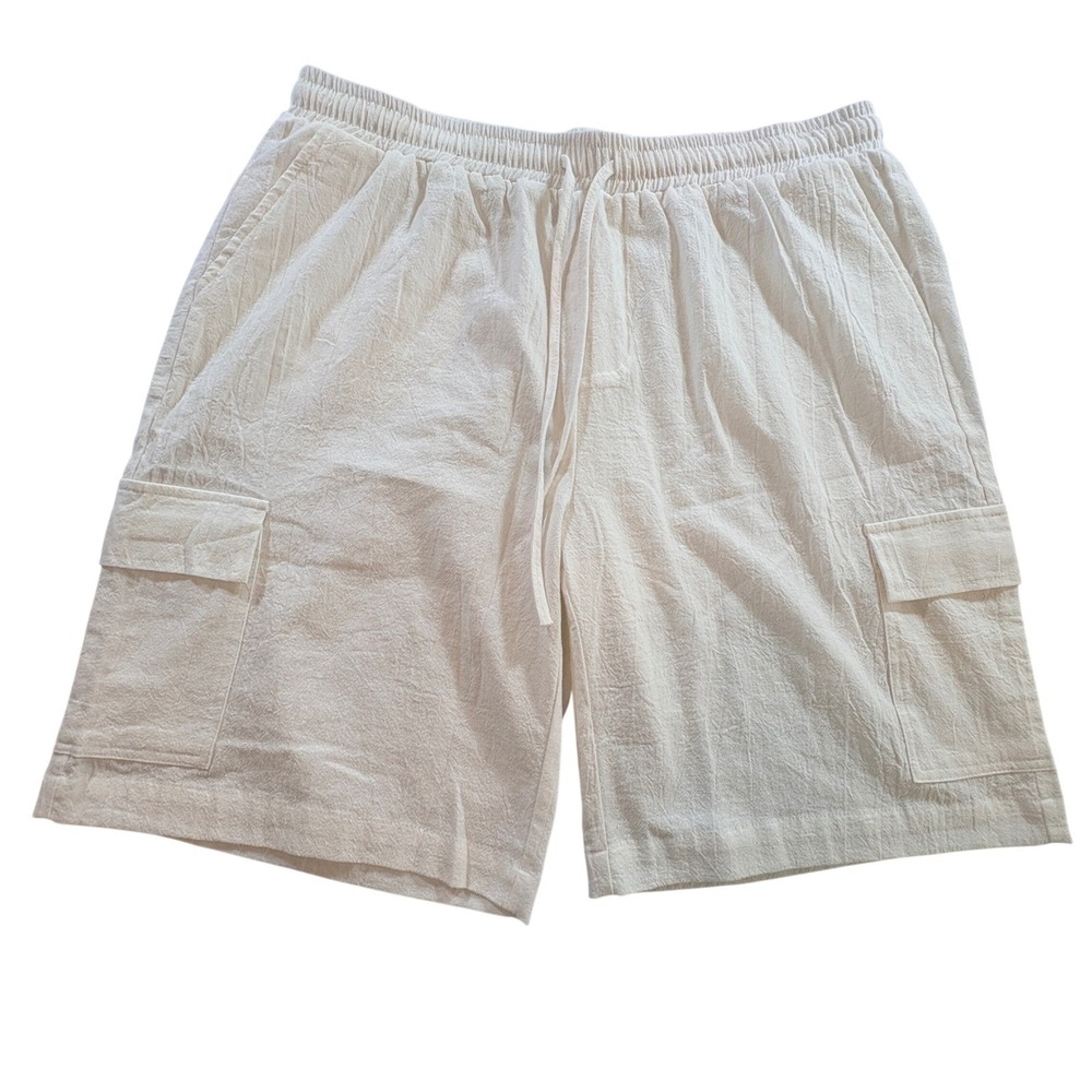 Ouku Cargo Shorts Mens 2XL Off White Linen Cotton Blend Relaxed Summer Casual